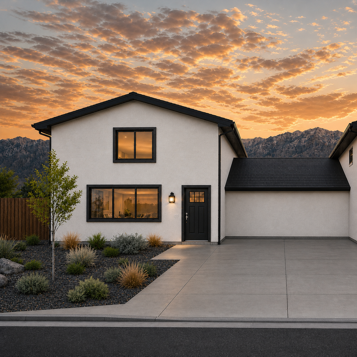Elkhorn Way single rental home exterior concept matching the front elevation with aligned upper and lower front windows, front door with upper glass grid, realistic high-desert landscaping, and a connected center storage area between homes in Fallon, Nevada