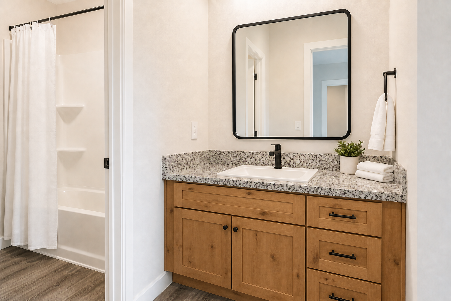 Elkhorn Way bathroom rendering with single-sink warm knotty alder vanity, granite countertop, black-framed mirror, and LVP flooring