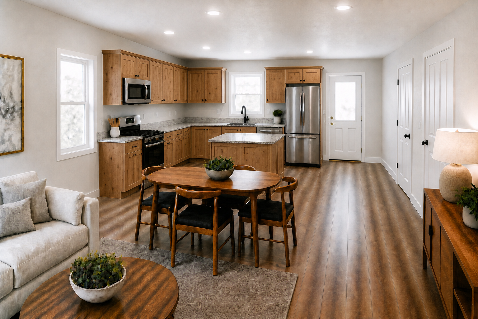 Elkhorn Way kitchen rendering with warm knotty alder cabinetry, granite countertops, refrigerator near the back door, dishwasher, sink with window above, clean corner cabinetry, side-wall stove and microwave, clean island, open dining area, two closed utility and half-bath wall doors, and LVP flooring