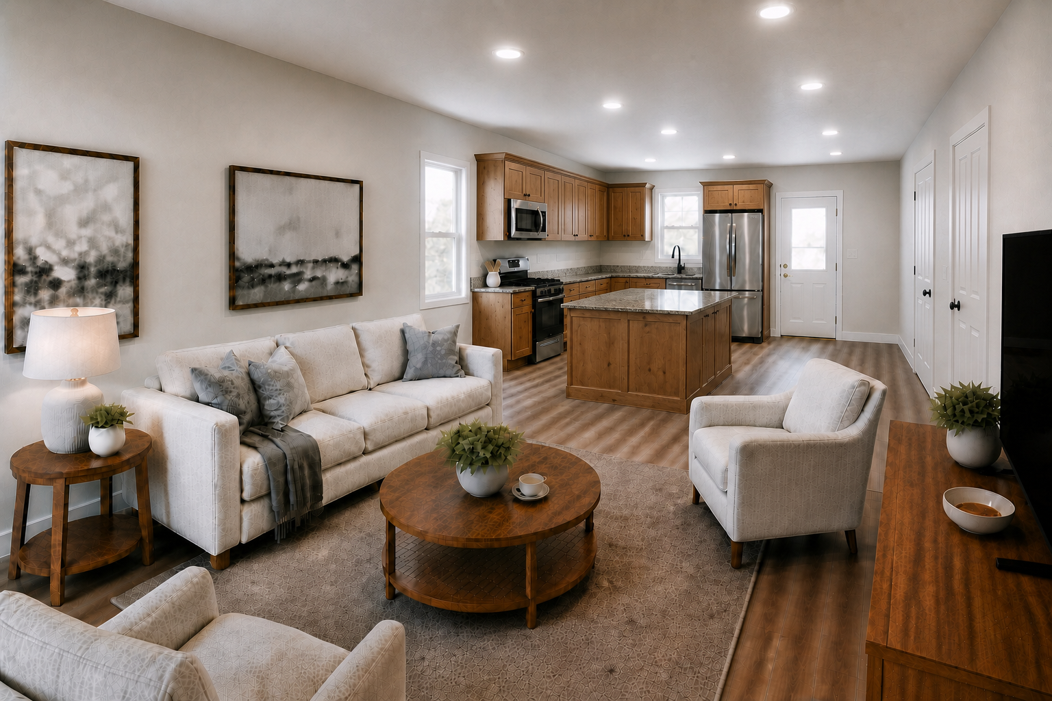 Elkhorn Way living room rendering showcasing the seating area, LVP flooring, neutral walls, staged wall decor, two closed utility and half-bath wall doors, and open dining and kitchen flow with warm knotty alder cabinetry in the background