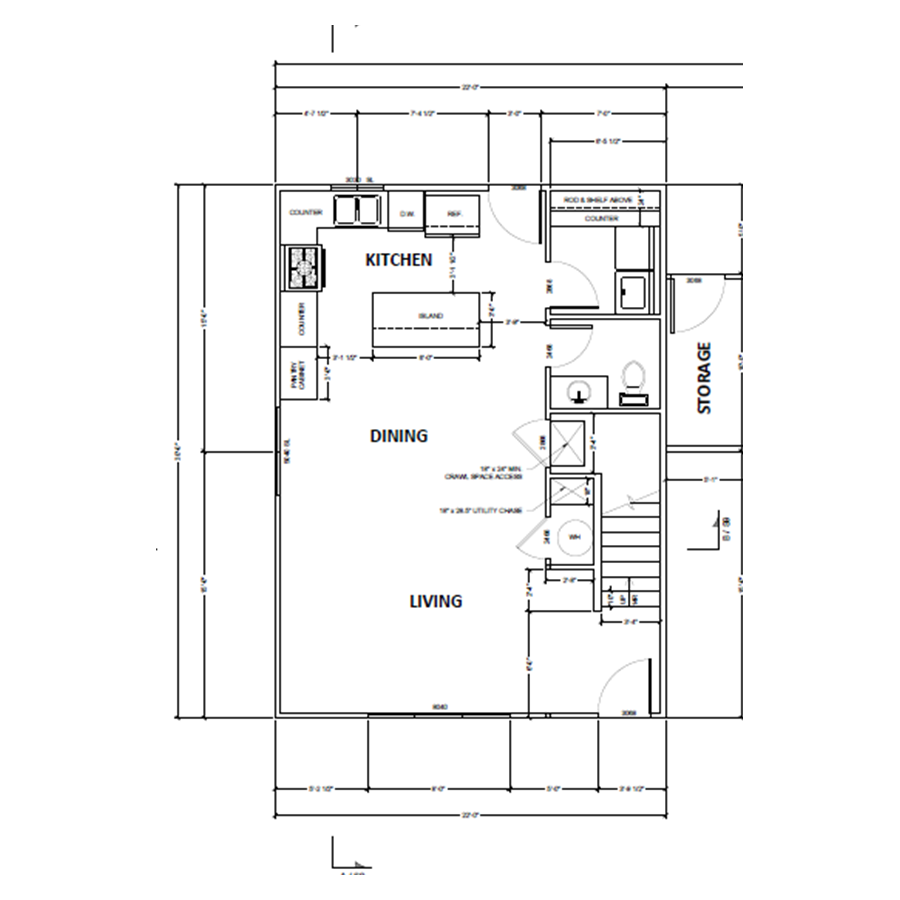 Elkhorn Living single residence main-floor plan showing living room, dining room, island kitchen, powder room, stairs, laundry, and storage access