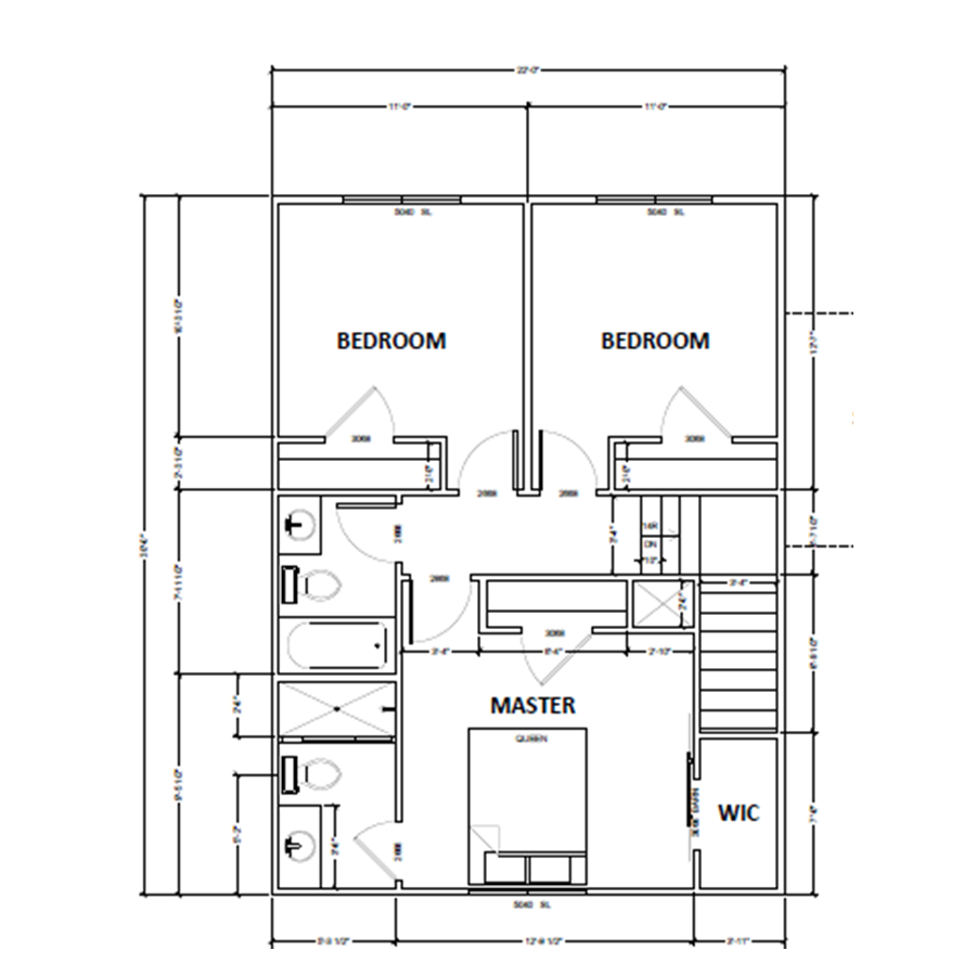 Elkhorn Living upper-floor plan showing primary suite, walk-in closet, private bath, two additional bedrooms, shared bath, and stairs